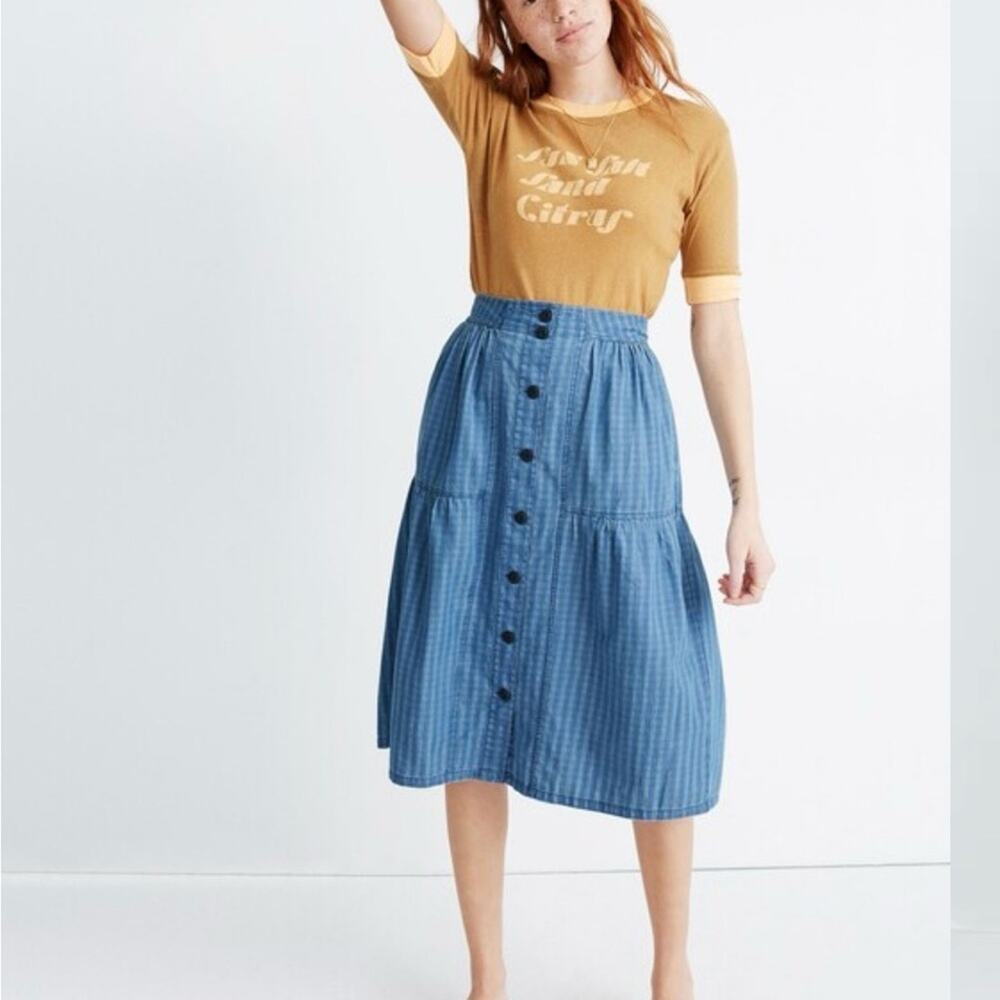 Madewell Gingham Chambray Button Front Tiered Midi Skirt Womens Size 2
